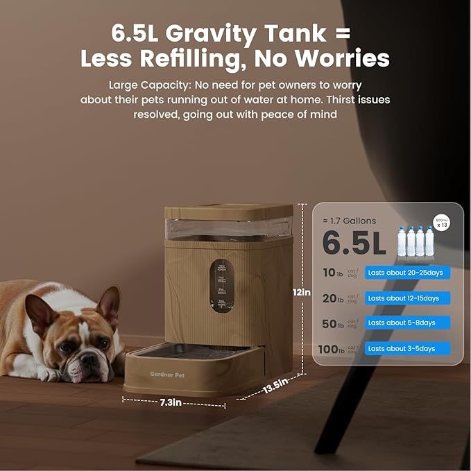 Gardner Pet Automatic Dog Water Dispenser Gravity Waterer with Stainless Steel Bowl Water Dispenser 6.5L Large Capacity Water Feeder with Filters for Dogs Cats Pets, BPA-Free Noise-Free (Brown, 6.5L)