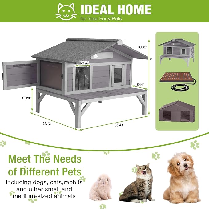 GUTINNEEN Heated Cat House Large Insulated Cat House Outdoor Weatherproof Feral Cat Shelter with Heated Pad, Insulated All-Round Thermal Liner for 1-4 Cats (Winter-Ready)