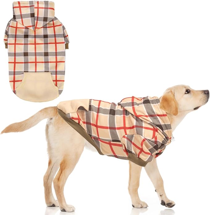 KOOLTAIL Plaid Dog Hoodie for Small Medium Large Dogs - Pet Clothes Sweater with Hat and Pocket for Cold Weather Winter, Warm Soft Dog Hooded Sweatshirt Coat Outfit for Puppy Cats Girls Boys Beige L