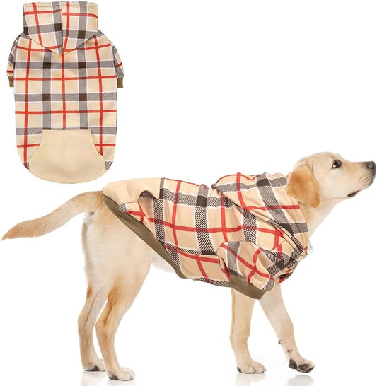 KOOLTAIL Plaid Dog Hoodie for Small Medium Large Dogs - Pet Clothes Sweater with Hat and Pocket for Cold Weather Winter, Warm Soft Dog Hooded Sweatshirt Coat Outfit for Puppy Cats Girls Boys Beige L