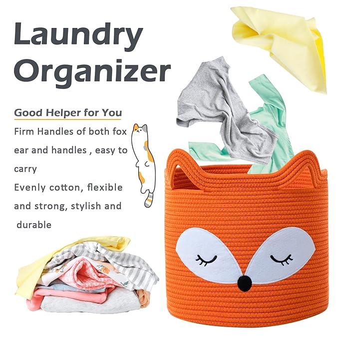 VK VK·LIVING Fox Toy Basket Cotton Rope Animal Baskets Orange Laundry Hamper for Toys, Clothes,Gifts,Towels, Blankets, Empty Gift Basket for Organizing with Handles 15''x14''