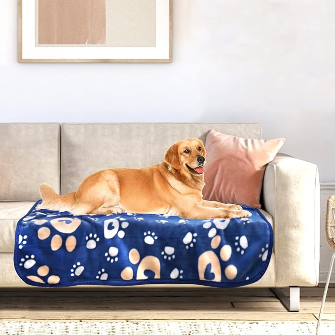 Dog Blanket, Soft Fleece Dog Blankets for Large Dogs, Fluffy Flannel Pet Cat Puppy Blanket Mat Cover for Bed Couch, Cute Paw Print Throw Blanket for Dogs, Blue 60"X50"