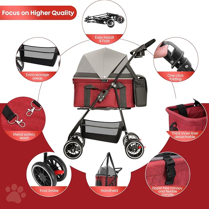 2-in-1 Foldable Pet Stroller with Canopy, 4 Wheels Pet Strolling Cart for Small/Medium Dogs and Cats with Removable Carrier,Breathable Mesh,Mom Tote Bag,Cup Holders,Easy Assembly,Grey+Red