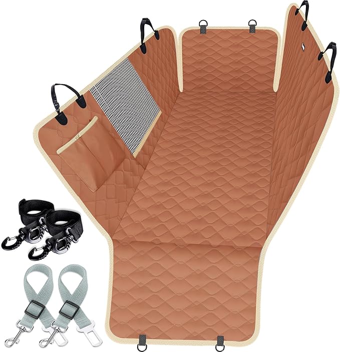 Lassie Dog Car Seat Covers for Back Seat with 2 Seat Belts, Waterproof Dog Car Hammock with Mesh Window Durable Scratch Proof Nonslip Pet Carseat Covers Universal Fit Protector for Cars, Trucks & SUVs