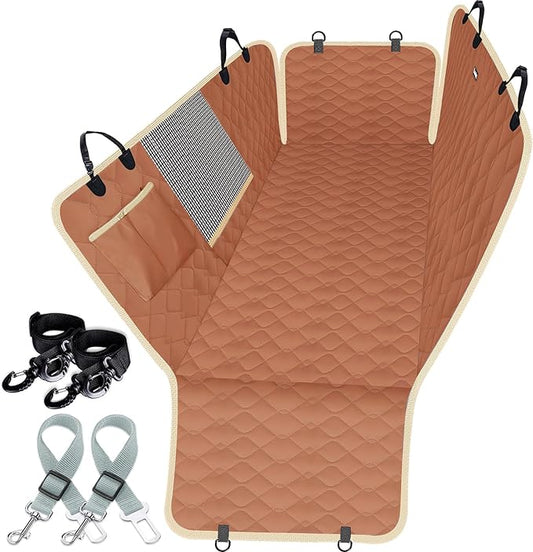 Lassie Dog Car Seat Covers for Back Seat with 2 Seat Belts, Waterproof Dog Car Hammock with Mesh Window Durable Scratch Proof Nonslip Pet Carseat Covers Universal Fit Protector for Cars, Trucks & SUVs