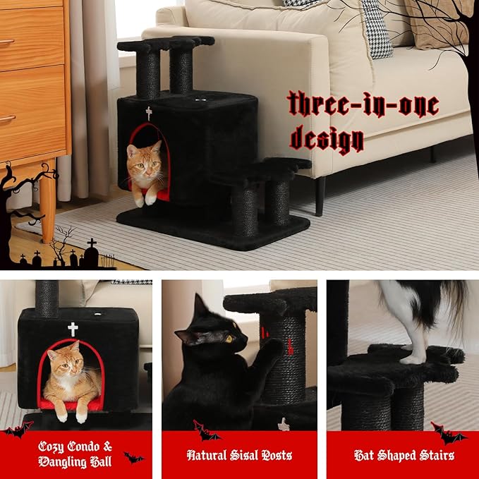 Gothic 3-in-1 Dog Stairs & Cat Scratching Post with Condo - Pet Steps for High Beds, Sofa & Couch, 3-Tier Cat Tower with Sisal Scratching Pad for Small Dogs, Cats & Kittens, Black