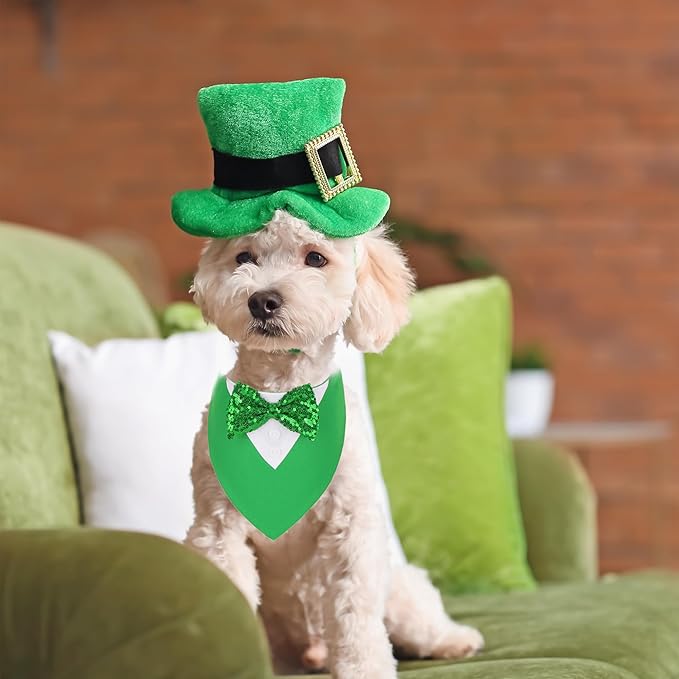 ADOGGYGO St.Patrick's Day Dog Tuxedo Bandana, Green Pet Tux Collar with Bowtie Adjustable St Patricks Costume for Small Dogs Pets (S)