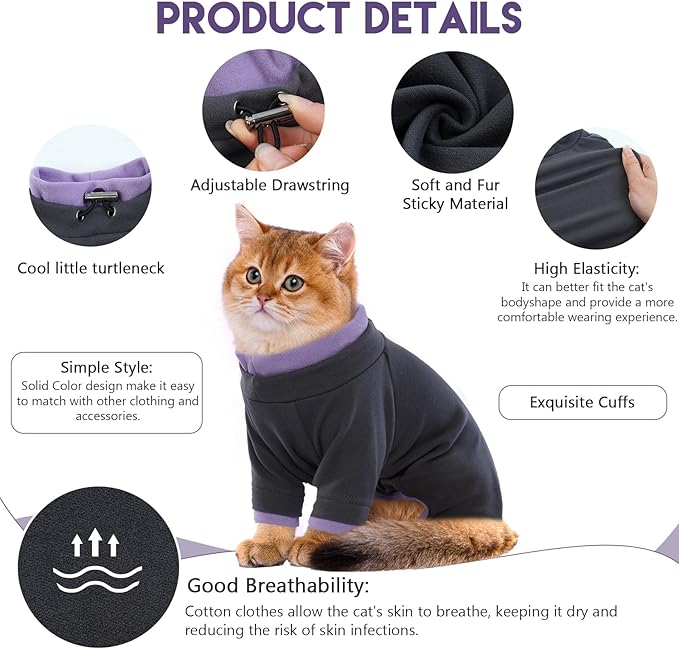 Sticky Cat Clothes Stretchy, Sphynx Hairless Sweater & Pajamas for Cats only, Soft Cat Onesie for Cats After Surgery Female Male & Hair Loss Prevention, Black XS