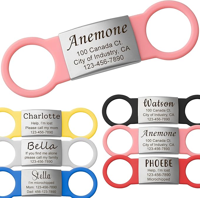 Anavia Slide On Silent Pet ID Tags, S/M/L/XL Personalized Multi-Color Silicone Band Cat Dog Name Tags, Customized Engraved Stainless Steel, Chew-Proof Quiet Dog Collar Tags (Pink, X-Large)