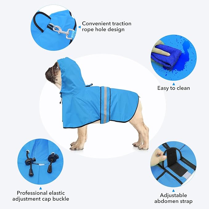 Reflective Dog Rain Coat - Waterproof Adjustable Pet Raincoat Jacket, Lightweight Hooded Dog Rain Coat Poncho for Small to X- Large Dogs and Puppies (Blue, X-Large)