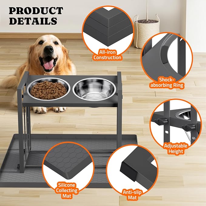 Elevated Bowls for Medium Breed: 4 Height Adjustable Raised Bowl with Metal Stand, Feeder Station with 2 Stainless Steel Bowls for Small Medium and Large Size Dogs, Grey with Feeding Mat