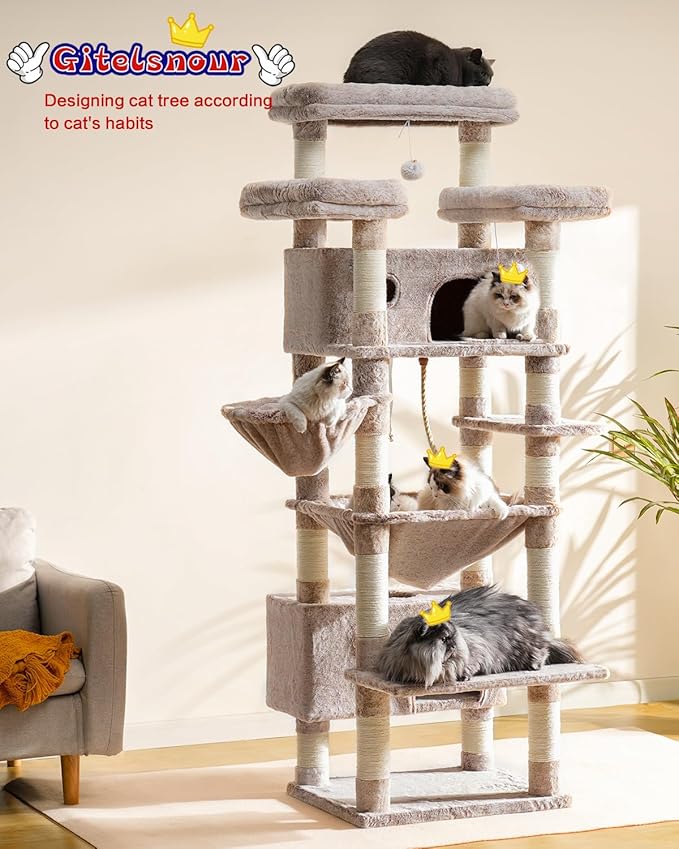 Cat Tree for Indoor Cats Large Adult, 74" Cat Tower with 3 Big Platforms, 2 Baskets, 2 Condos, Multi-Level Cat Scratching Posts, Muchroom GCT030MU