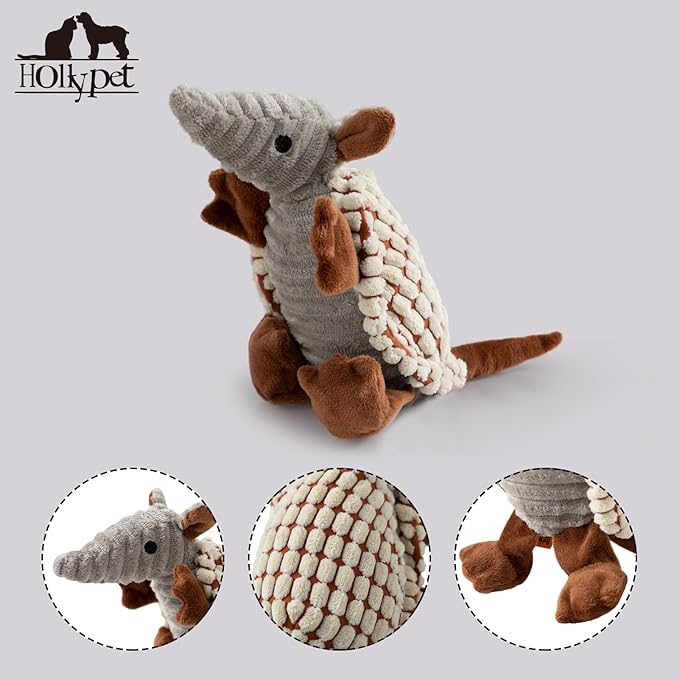 Hollypet Plush Dog Squeaky Toy Stuffed Armadillo Animal Pet Puppy Chew Toys with Clean Teeth for Small Medium Large All Breed Sizes Dogs, Milky White, 8 in