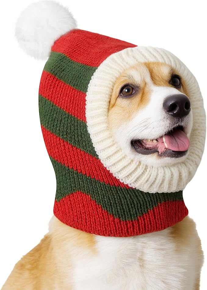 Pawaboo Christmas Pet Hat, Funny Knitted Pets Cap with Pompon, Cute Crocheted Snood Winter Warm Pet Hat, Neck Ear Warmer Hood Warm Scarf Xmas Decoration Santa Hats for Small Dogs, M, Red+Green