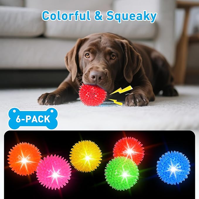 6-Pack 2.5” LED Light-Up Squeaky Dog Toy Balls ，Durable Interactive Glow Fetch Toys for Aggressive Chewers，BPA Free Non-Toxic, Spiky Puppy Chew Balls
