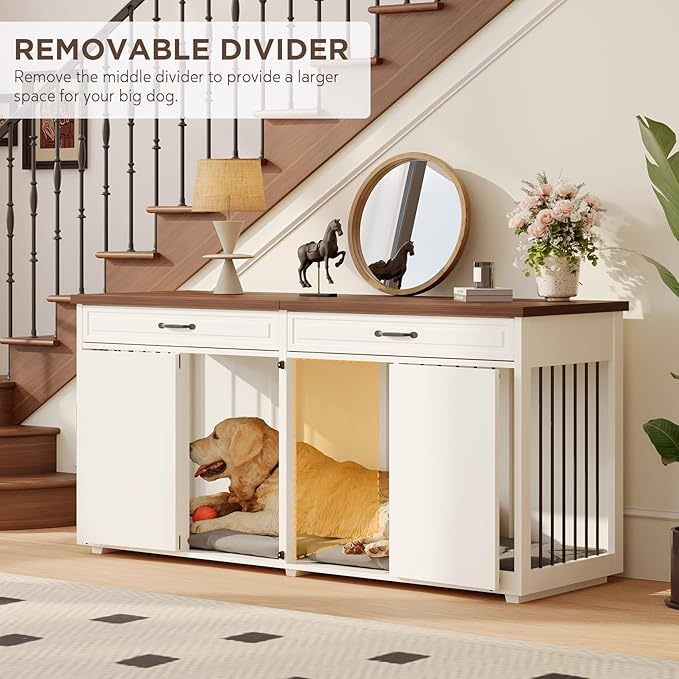 Dog Crate Furniture - Indoor Wooden Dog Kennel Furniture with 2 Drawers & Room Divider - 72" L x 23.6" W x 34" H - White