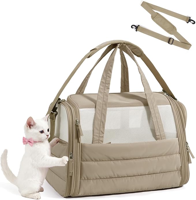 BAGSMART Cat Carrier: Soft-Sided Pet Carrier for Small Medium Cats Dogs Puppy Quilted Collapsible Puffy Travel Bag Up to 20 Lbs Brown