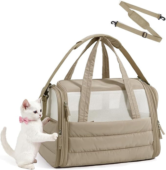 BAGSMART Cat Carrier: Soft-Sided Pet Carrier for Small Medium Cats Dogs Puppy Quilted Collapsible Puffy Travel Bag Up to 20 Lbs Brown