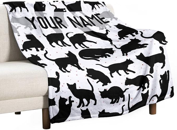 Personalized Cat Blanket Gifts with Name - 50"x60" Cute Throw Blanket for Adults Kids - Black Soft Plush Throws for Bed, Couch & Travel