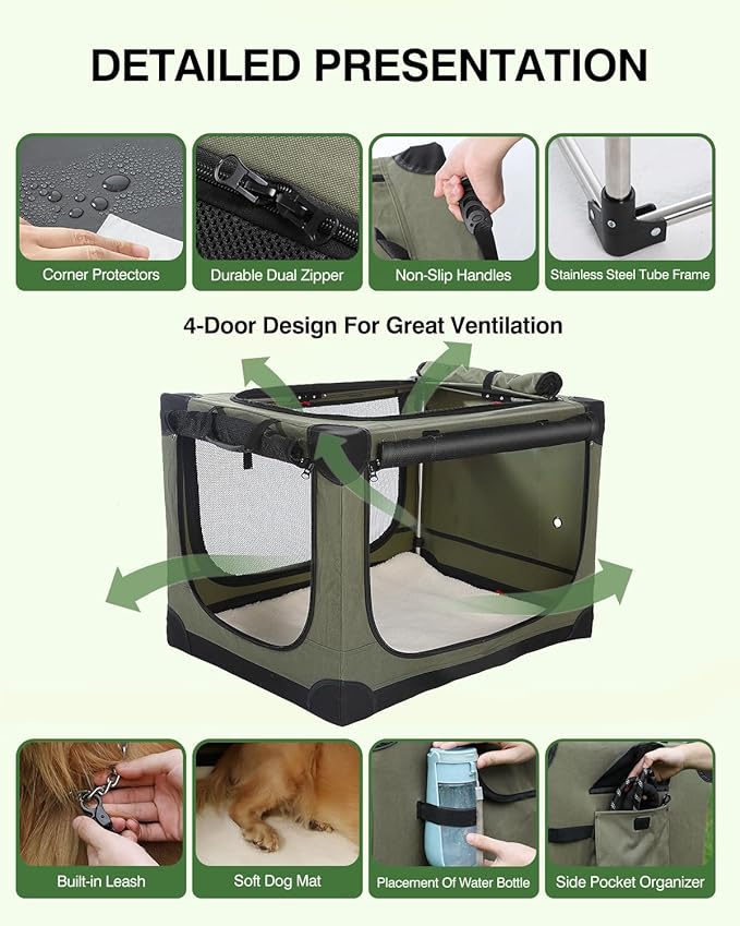 33 Inch Collapsible Travel Dog Crate for Medium Large Dogs, Portable Dog Crate 4-Door Foldable Soft Kennel with Durable Mesh Windows for Indoor & Outdoor Travel, with Storage Bag,Green