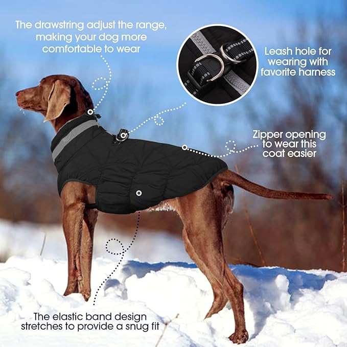 FUAMEY Dog Coat for Small Dogs,Waterproof Dog Winter Jacket with Harness Built in Puppy Cold Weather Coats Reflective Pet Vest with Zipper Warm Fleece Dogs Snowsuit Windproof Solid Black S