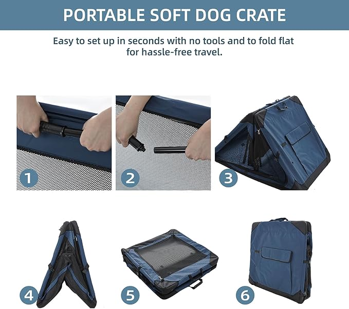 Pettycare 42 Inch Collapsible Dog Crate for Large Dogs, 4-Door Foldable Soft Side Kennel with Chew Proof Mesh Windows, Indoor & Outdoor Travel Crate, Navy Blue
