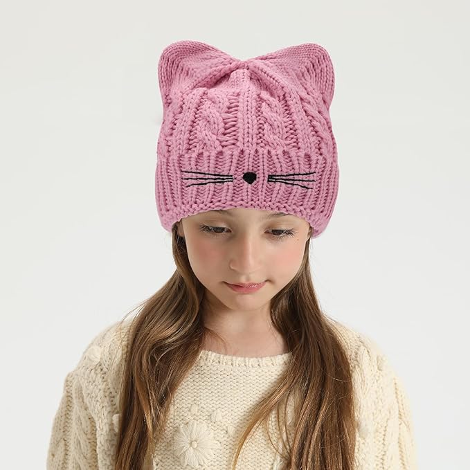 Kids Girls Cat Ear Hat Winter Warm Knit Beanie Cute Ski Skull Cap for Ages 7-12