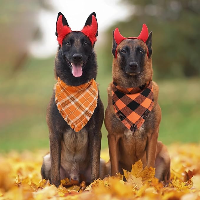 Kytely Dog Bandana Fall Christmas XLarge 2Pack, Halloween Thanksgiving Dog Bandanas, Orange Plaid Pet Scarf for Boy and Girl, Holiday Bandana Reversible Triangle Bibs Accessories for Dogs Pets