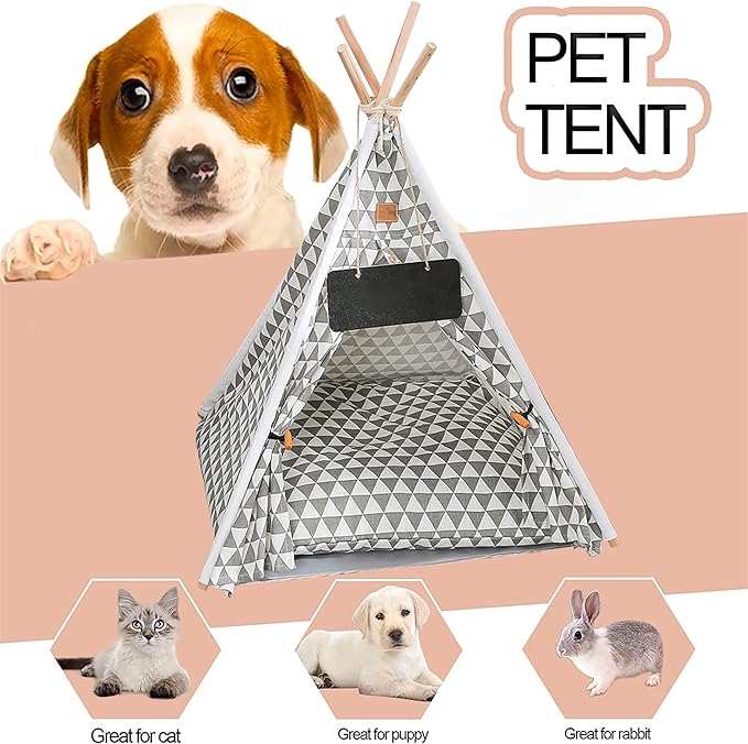 Pet Teepee, Portable Pet Tents for Small Dogs or Cats, Puppy Sweet Bed Washable Dog or Cat Houses with Cushion(Grey2,24in)