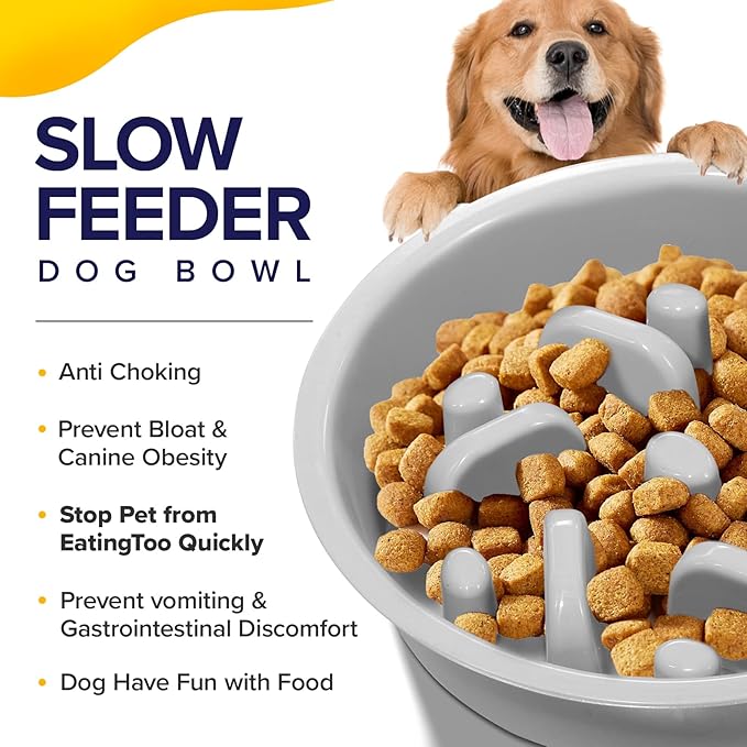 Ciconira Metal Elevated Dog Bowls with Slow Feeder & Spillproof Mat, 8°Tilted Raised Dog Bowl Stand with Two 1.3L Stainless Steel Food Water Bowls,4 Height Adjustable for Large Medium, Small Dogs