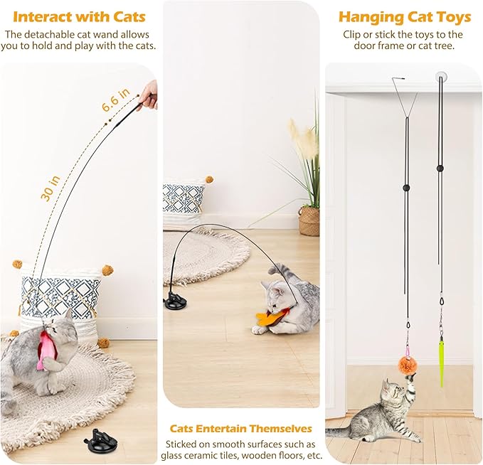 Cat Toys, 2 Pack 3 in 1 Interactive Cat Toy for Indoor Cats with Sticky Super Suction Cup Detachable 10 Pcs Replacements Feathers Balls Mice 2 Wand Hanging Door Kitten Toys