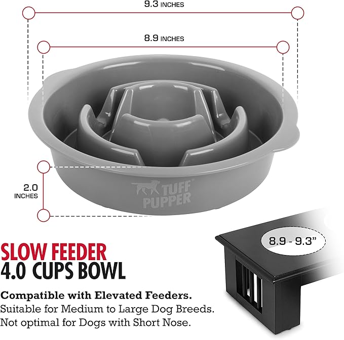 Tuff Pupper Slow Feeder Insert Bowl | Puzzle Maze Slows Down Eating | Elevated Feeder Tray Bowls | Standalone Dog Bowl | Pet Bowls Insert | Easy Clean Dishwasher Safe (4 Cups - Fits 8.9-9.3 Inch Hole)
