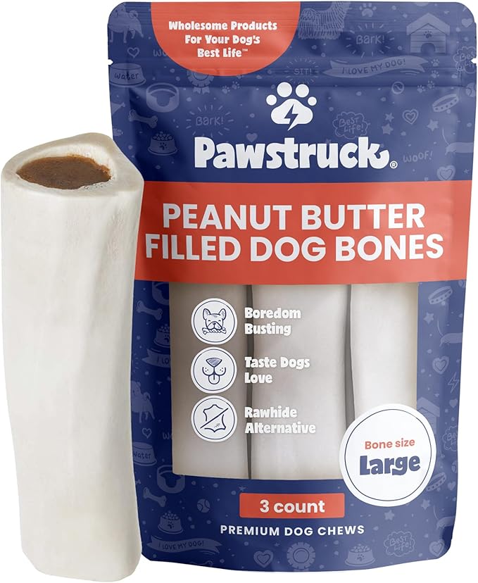 Pawstruck Large 5-6" Filled Dog Bones, Peanut Butter Flavor - Made in USA, Long Lasting Stuffed Femur for Aggressive Chewers, Dental Treat - Pack of 3, Packaging May Vary
