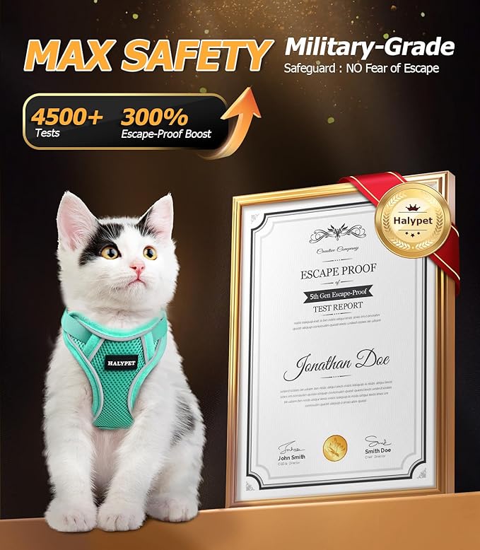 Halypet Cat Harness and Leash Set [MAX Safety 4th-Gen Upgrade] Escape Proof Adjustable Cat Leash Comfortable Soft Vest Easy to Wear Kitten Harness with Reflective Strip for Cats Walking, S Green