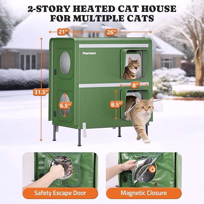 Pawtners Heated Outdoor Cat House for Outside Cats, 26'' XXL 2-Story Insulated Weatherproof Cat Shelter with Heated Pad, Elevated Feet & Escape Door, Warm Kitty House for Feral or Stray Cats in Winter