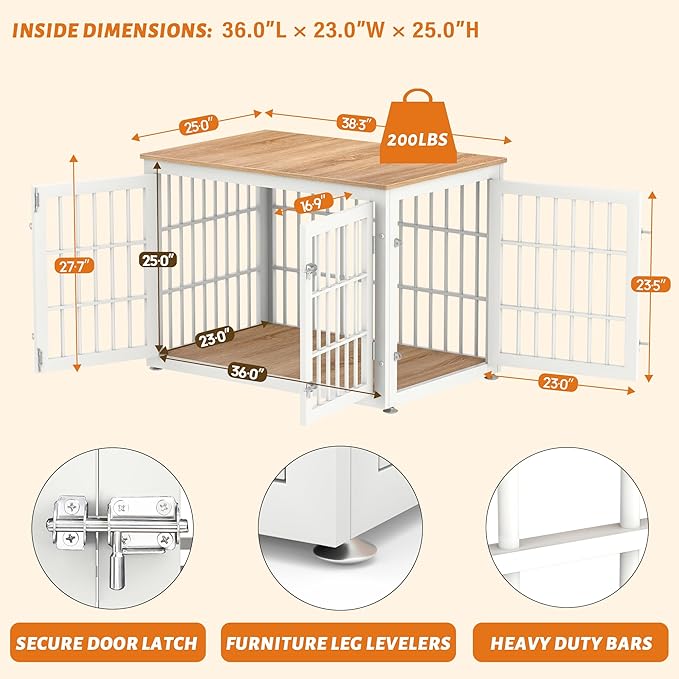 38 Inch Heavy Duty Dog Crate Furniture for Large and Medium Dogs, Decorative Pet House End Table, Wooden Cage Kennel Furniture Indoor, Natural and White