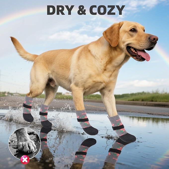 PUPTECK Anti Slip Dogs Shoes for Hot/Cold Pavement, Senior Booties, Rubber Boots & Paw Protectors for Small Medium Large Size Dogs to Prevent Licking, Grippy Socks for Hardwood Floors, Strawberry XL