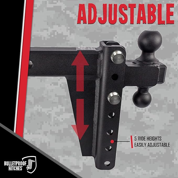 BulletProof Hitches - 2.5" Adjustable Heavy Duty Trailer Hitch (22,000 lb. Rating) - 8" Drop/Rise Trailer Hitch with 2" & 2-5/16" Dual Ball - Powder Coat, Solid Steel, Corrosion-Resistant