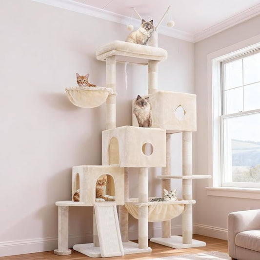 Hey-brother Cat Tree Tower, Scratching Posts with 3 Condos, Large Basket, Cozy Bed, Sisal Board, Step-by-Step Climbing Pathway and Toys, 74.8 inches Furniture for Big Indoor Cats, Beige MPJ081M
