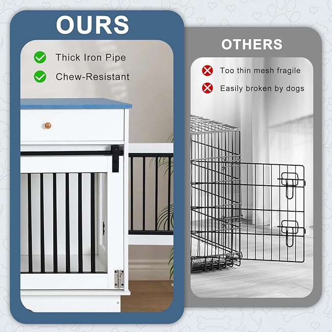 Dog Crate Furniture for 2 Dogs, Dog Kennel with 2 Storage Drawers & Divider, Large Double Dog Cage As TV Stand, Furniture Style Dog Crates with Sliding Barn Door (Blue & White)