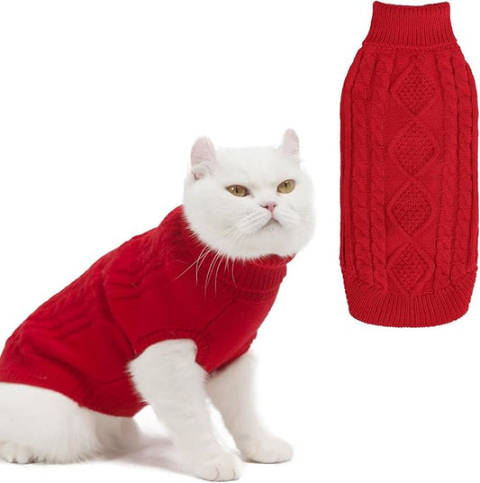 BINGPET Cat Sweater,Thermal Knitted Kitten Clothes Winter Coat,Classic Knit Turtleneck Cat Sweaters for Cats Only,Warm Pet Clothes for Kittens & Small Dogs Puppy Boy Girl Indoor Outdoor(Red,S)