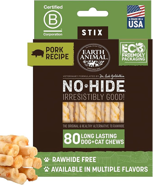 Earth Animal No Hide Stix - Long Lasting Rawhide Free Small Dog Chews Sticks, Pork - 80 Count Extra Value Pack
