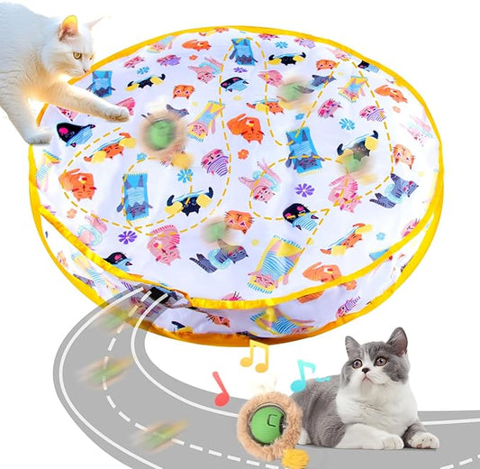Interactive Cat Toys Fast Rolling Ball in Play Pouch, Motion Activate Chirping Cat Toy Hide and Seek Mouse Catching Game, 28 Inch Play Pouch