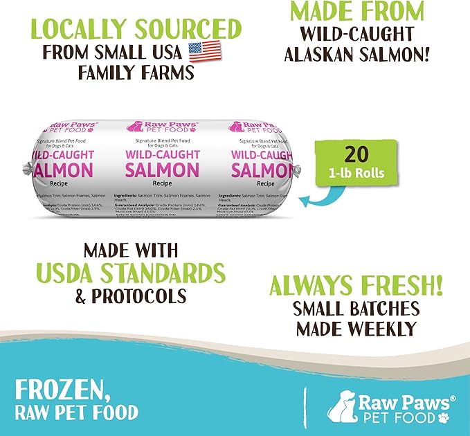 Raw Paws Signature Pet Food for Dogs & Cats - Wild Caught Salmon, 1-lb Rolls (20 Pack) Made in USA Salmon Dog Food - Raw Frozen Fish Dog Food - Sensitive Stomach Cat Food