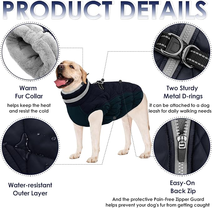 AOFITEE Dog Coat, Warm Dog Winter Coat, Reflective Turtleneck Large Dogs Jacket with Harness Built in, Turtleneck Pet Winter Jacket, Waterproof Pet Snow Jackets Fleece Vest, Navy XL