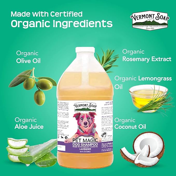 VERMONT SOAP Organics Pet Shampoo - Infused with Organic & Natural Olive Oil, Coconut & Aloe Vera Dog Shampoo for Sensitive Skin - USDA Certified Grooming, Lavender (64oz)