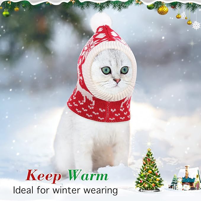 Pawaboo Christmas Pet Hat for Dogs, Funny Knitted Xmas Cap with Pom-Pom, Crocheted Snood Winter Warm Ear Flap Hat, Neck Warmer Hood Scarf for Medium Dogs, Party Decoration Gift, S, Xmas Elk Red