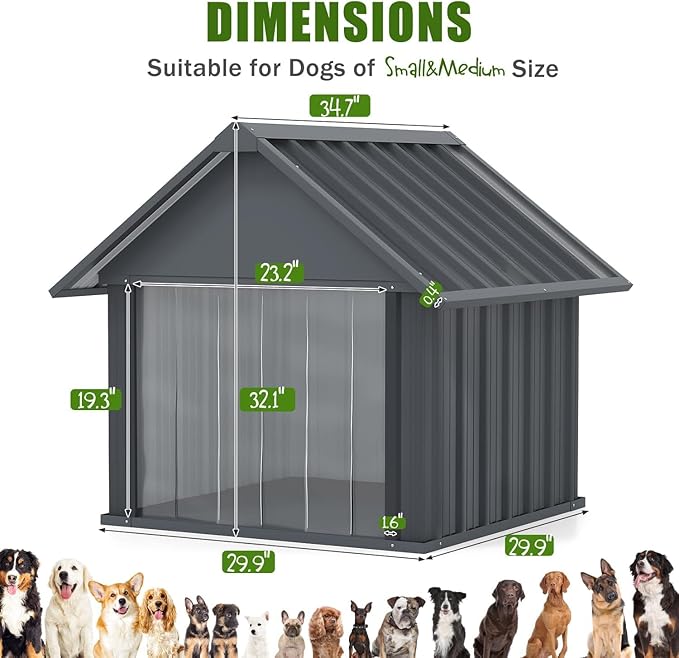 Erinnyees 36 Inch Dog House Outdoor with Door Curtain, Weatherproof Puppy Shelter for Medium Large Dogs with Anti-Chewing Iron Frame, Sturdy and Long-Lasting Dog Tent