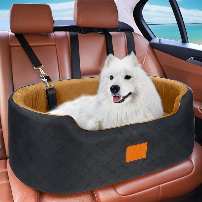 Dog Car Seat for Medium & Large Dogs up to 55 lbs, Elevated Booster Seat with Anti-Slip Base, Detachable & Machine-Washable Pet Car Bed for SUV/Sedan (Black/Brown)