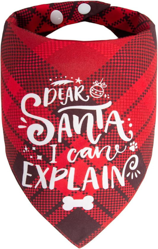 Christmas Dog Bandanas Funny Holiday Stocking Stuffers Pet Scarf Naughty & Nice Gifts Idea, Dear Santa I Can Explain, Red Plaid, Medium & Large Breed, 25-75lbs